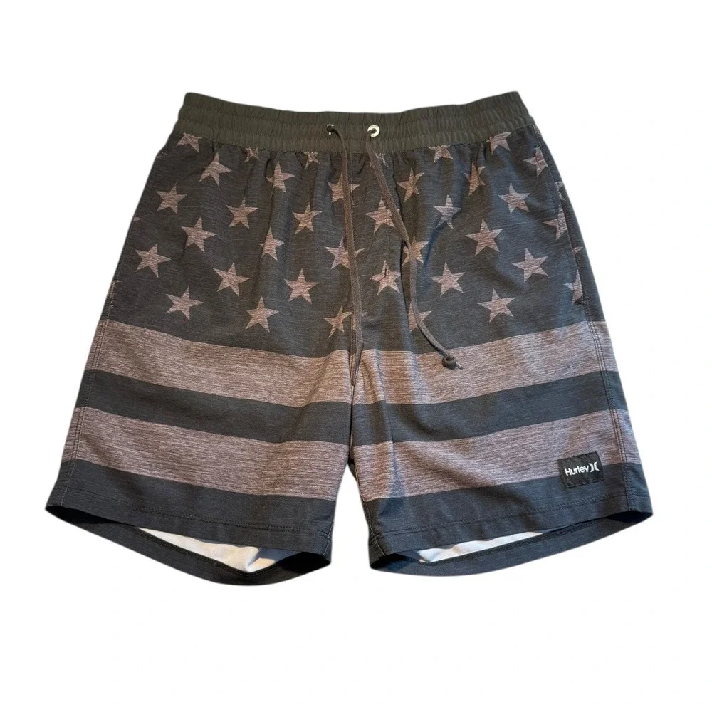Hurley Mens American Flag Board Shorts Gray Stars‎ Stripes Swim Trunks Small